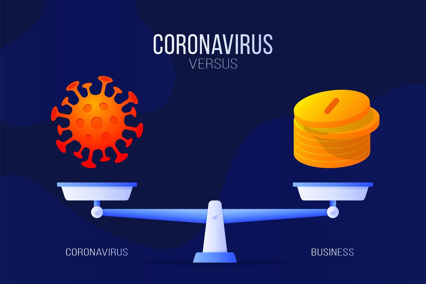 coronavirus o illustrazione vettoriale di denaro economico. concetto creativo di scale e versus, su un lato della scala si trova un virus covid-19 e sull'altro l'icona di una moneta. illustrazione vettoriale piatta.