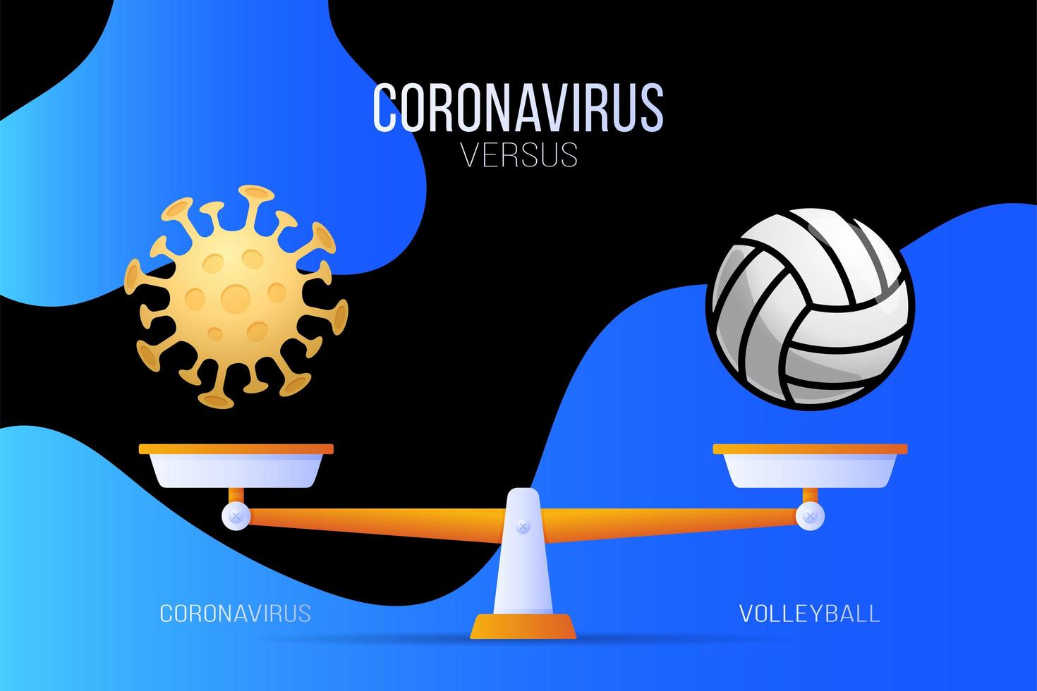 coronavirus o illustrazione vettoriale di pallavolo. concetto creativo di scale e versus, su un lato della scala si trova un virus covid-19 e sull'altro l'icona di una palla da pallavolo. illustrazione vettoriale piatta.