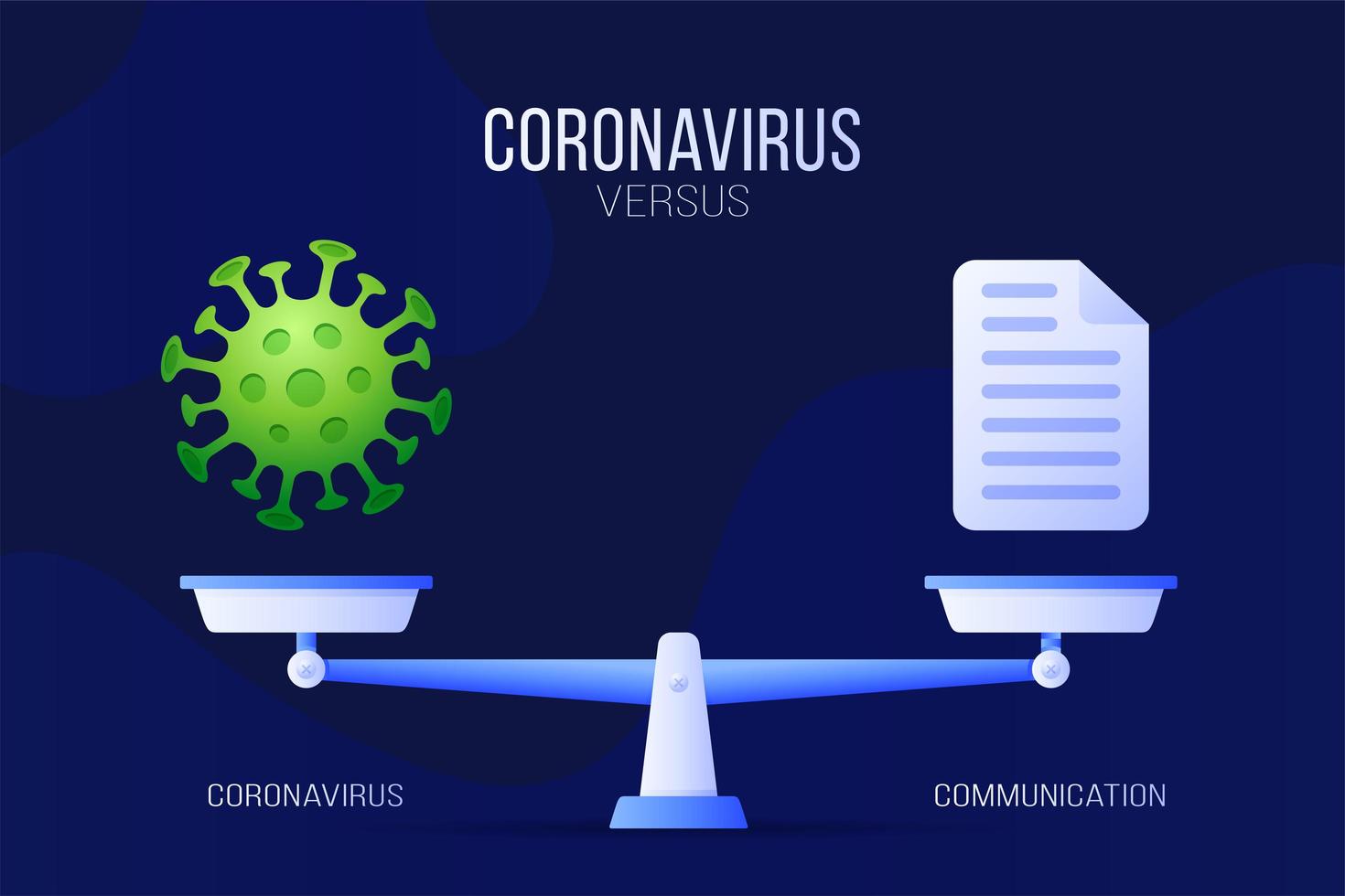 coronavirus o illustrazione vettoriale di comunicazione. concetto creativo di scale e versus, su un lato della scala si trova un virus covid-19 e sull'altro l'icona della carta del documento. illustrazione vettoriale piatta.