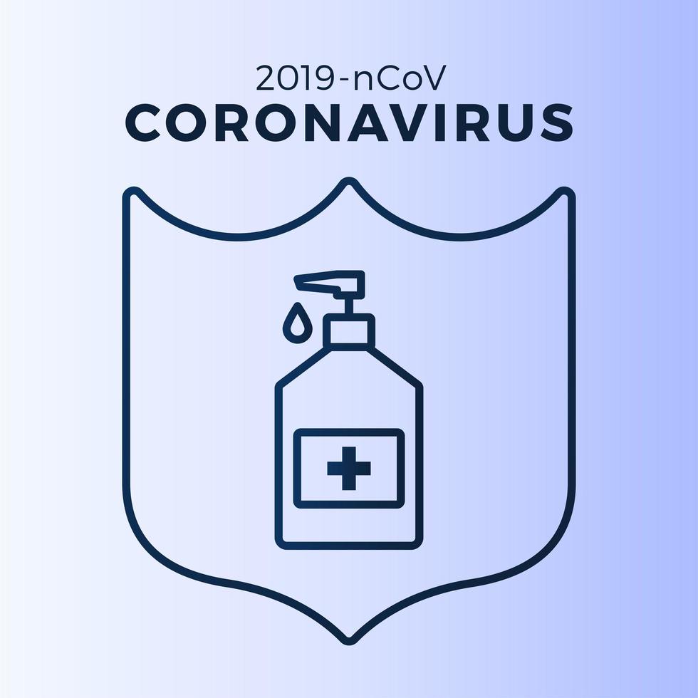 sapone o gel disinfettante e scudo utilizzando antibatterico, icona del virus, igiene, illustrazione medica. protezione coronavirus covid-19 vettore
