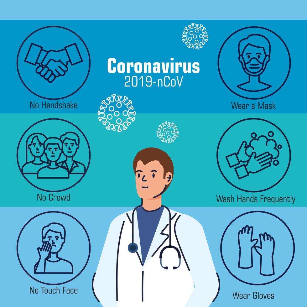 banner di prevenzione del coronavirus con medico vettore