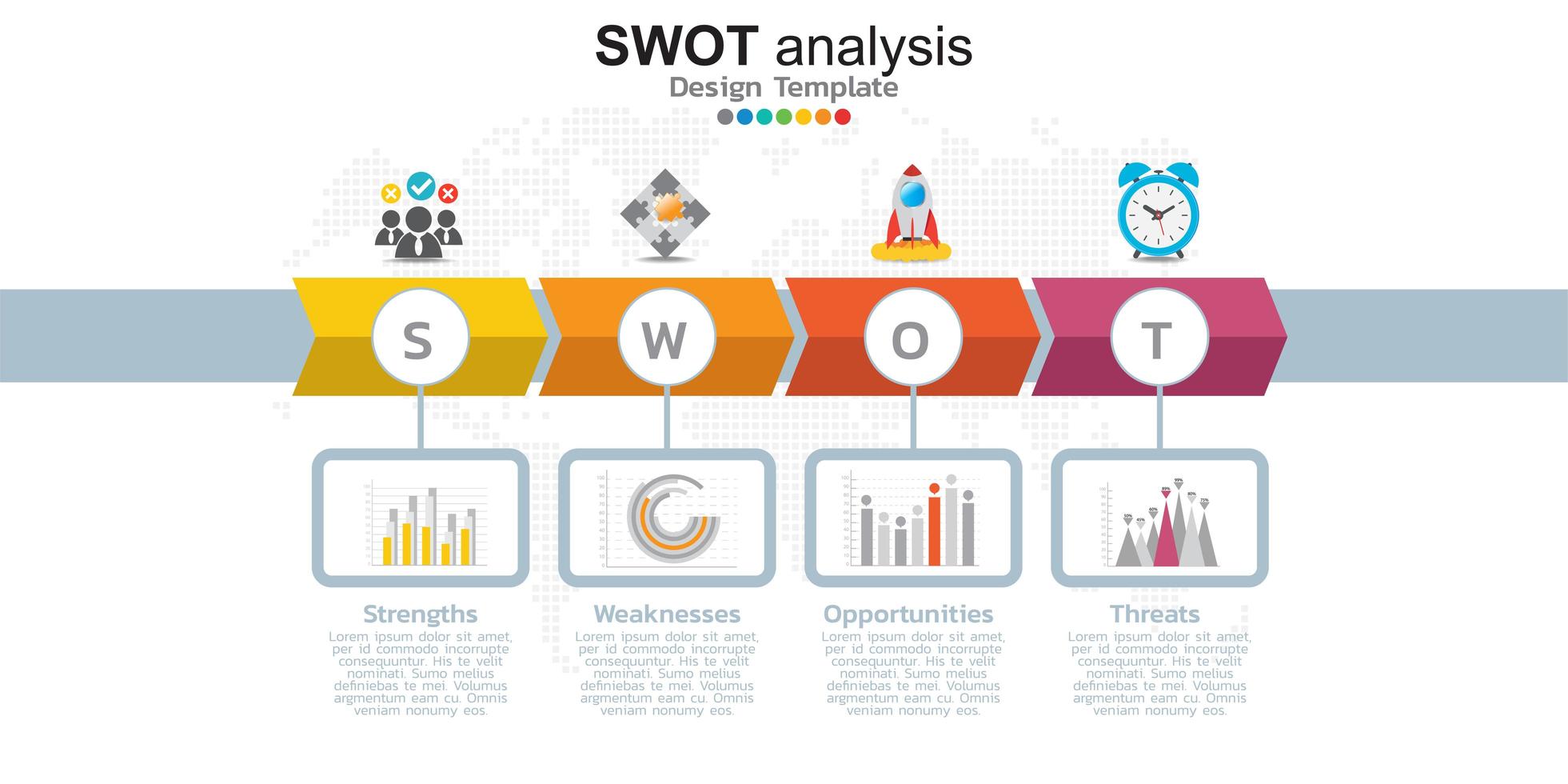 quattro elementi colorati con icone e luogo per il testo nel concetto di analisi SWOT. vettore