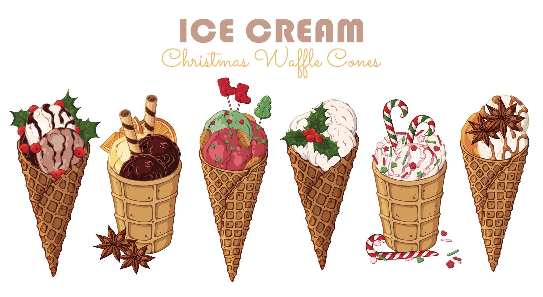 set a tema dolci natalizi di diversi tipi di gelato in coni di cialda vettore