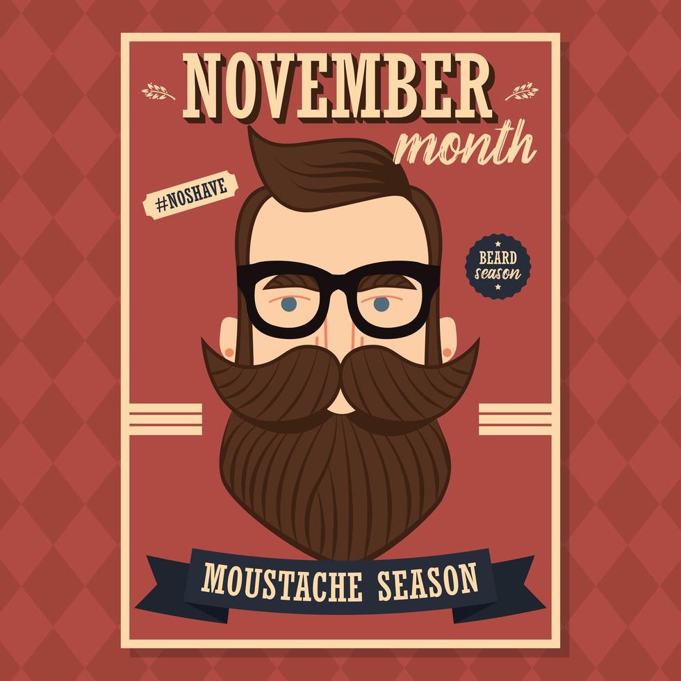 no shave novembre poster design con hipster uomo con barba e baffi vettore