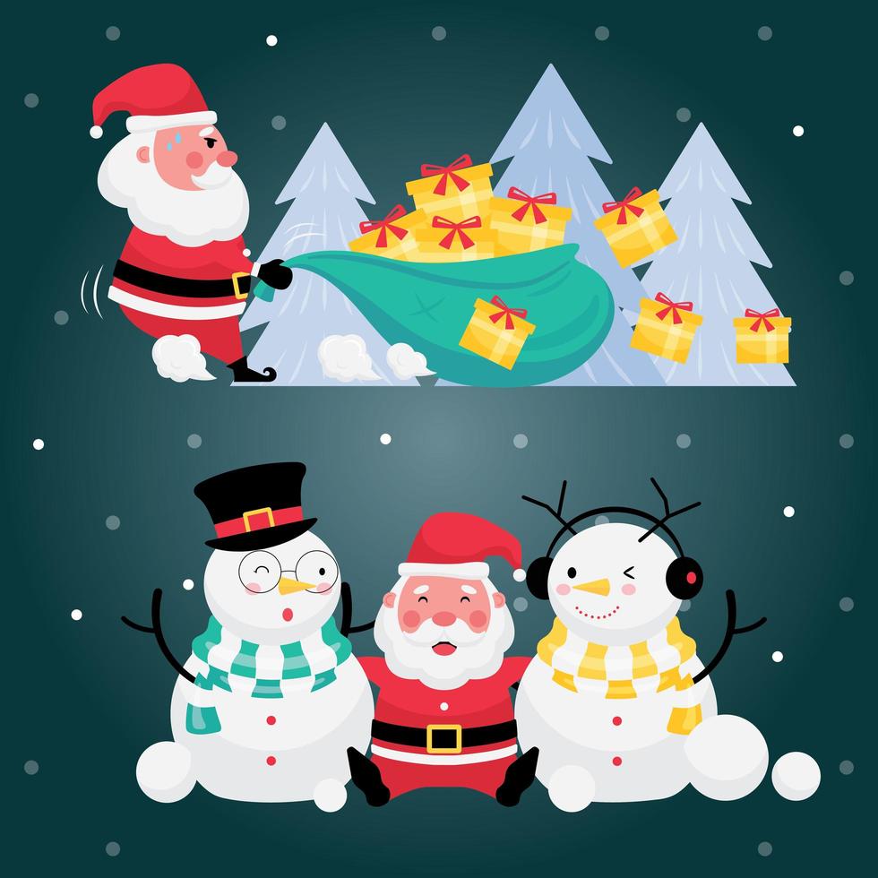set di Babbo Natale con confezione regalo, albero di Natale e pupazzo di neve su sfondo blu scuro vettore