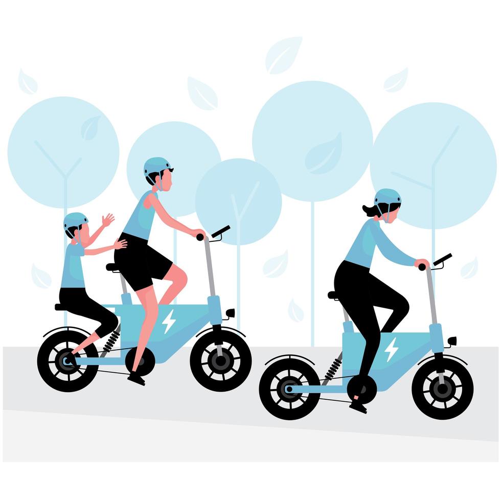 tecnologia energetica alternativa o verde che caratterizza persone che guidano una bicicletta elettrica con la famiglia vettore