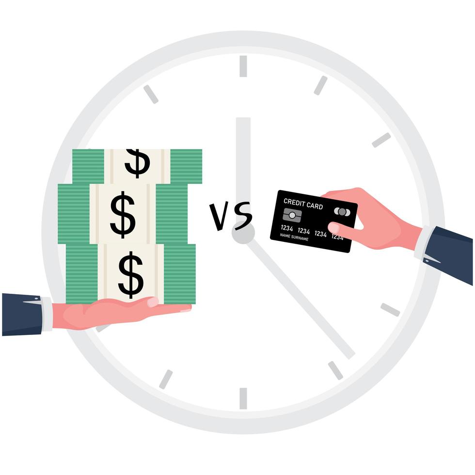 un cartone animato che mostra contanti vs pagamento con carta di credito vettore
