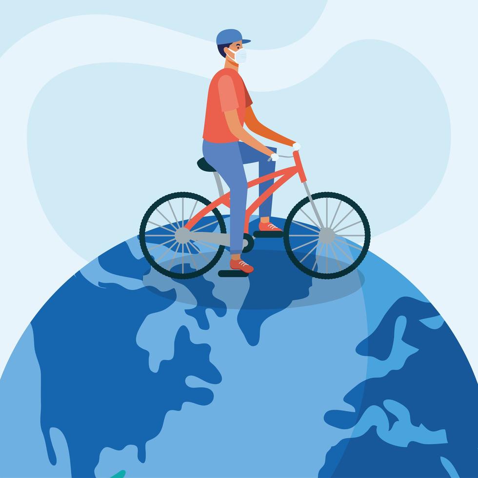 uomo con maschera medica e bici sul disegno vettoriale del mondo