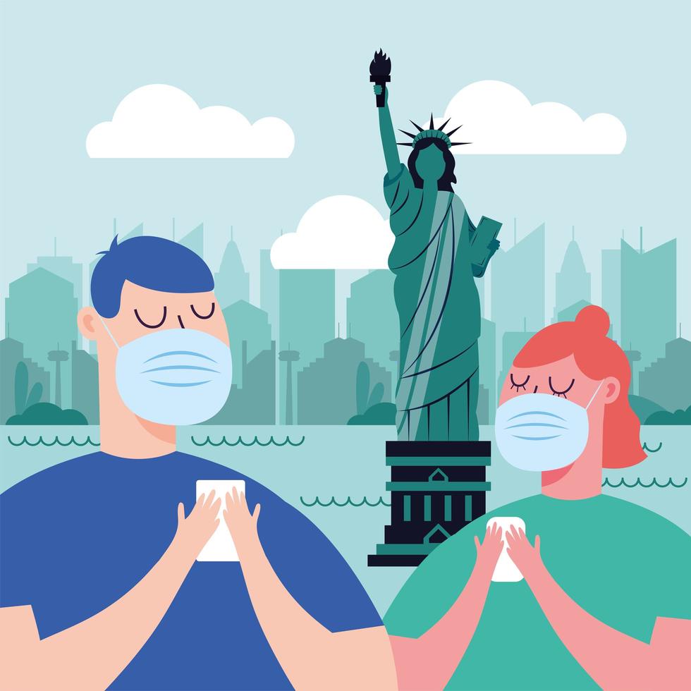 donna e uomo con la maschera al disegno vettoriale di new york city