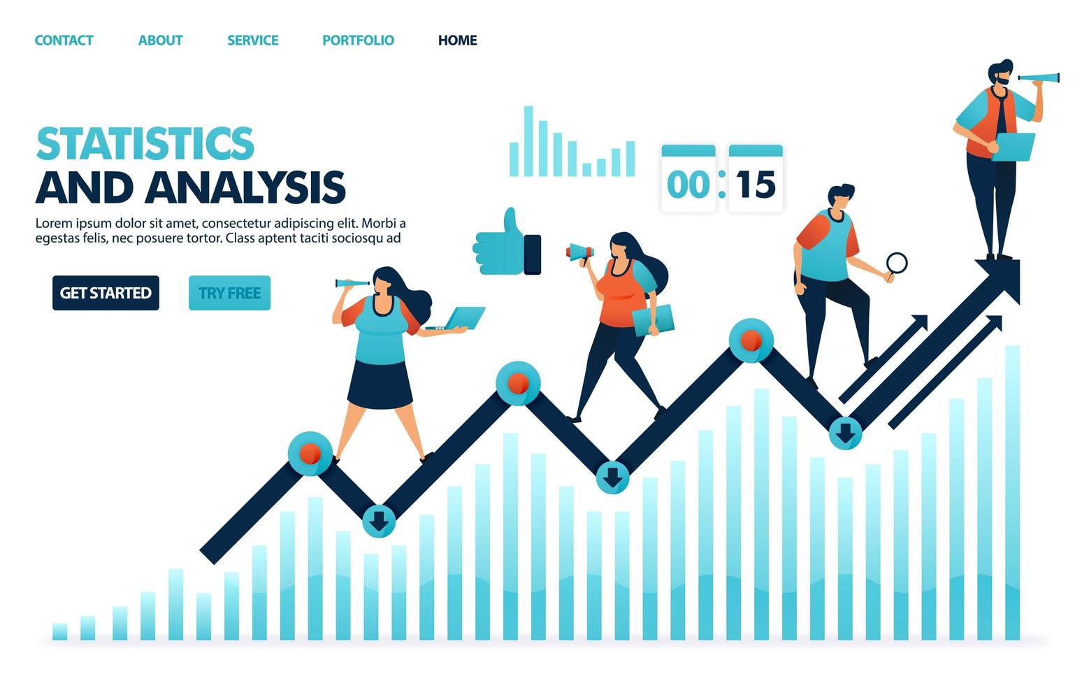 guardando le statistiche annuali sulla performance aziendale. analisi pianificazione strategie e idea per l'azienda. grafico a linee nel report del rendiconto aziendale. illustrazione umana per sito Web, app mobili, poster vettore