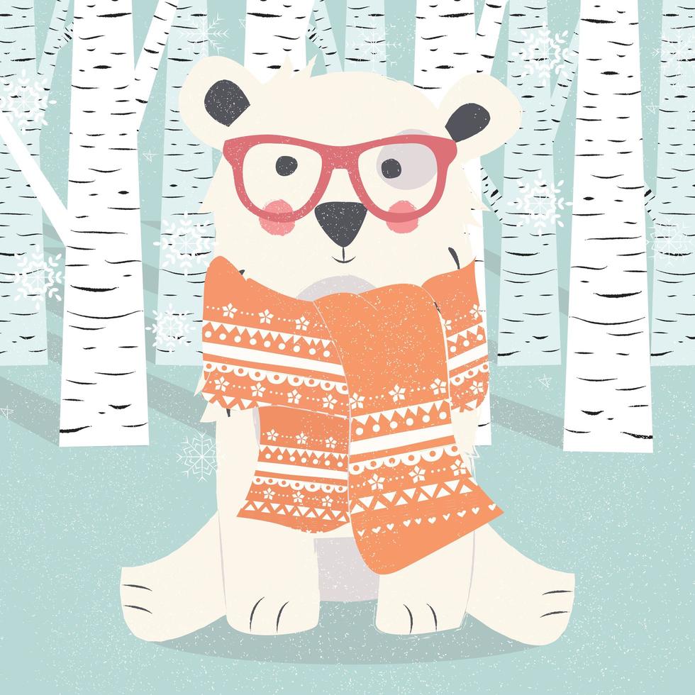 cartolina di buon natale con orso bianco polare hipster nella foresta vettore