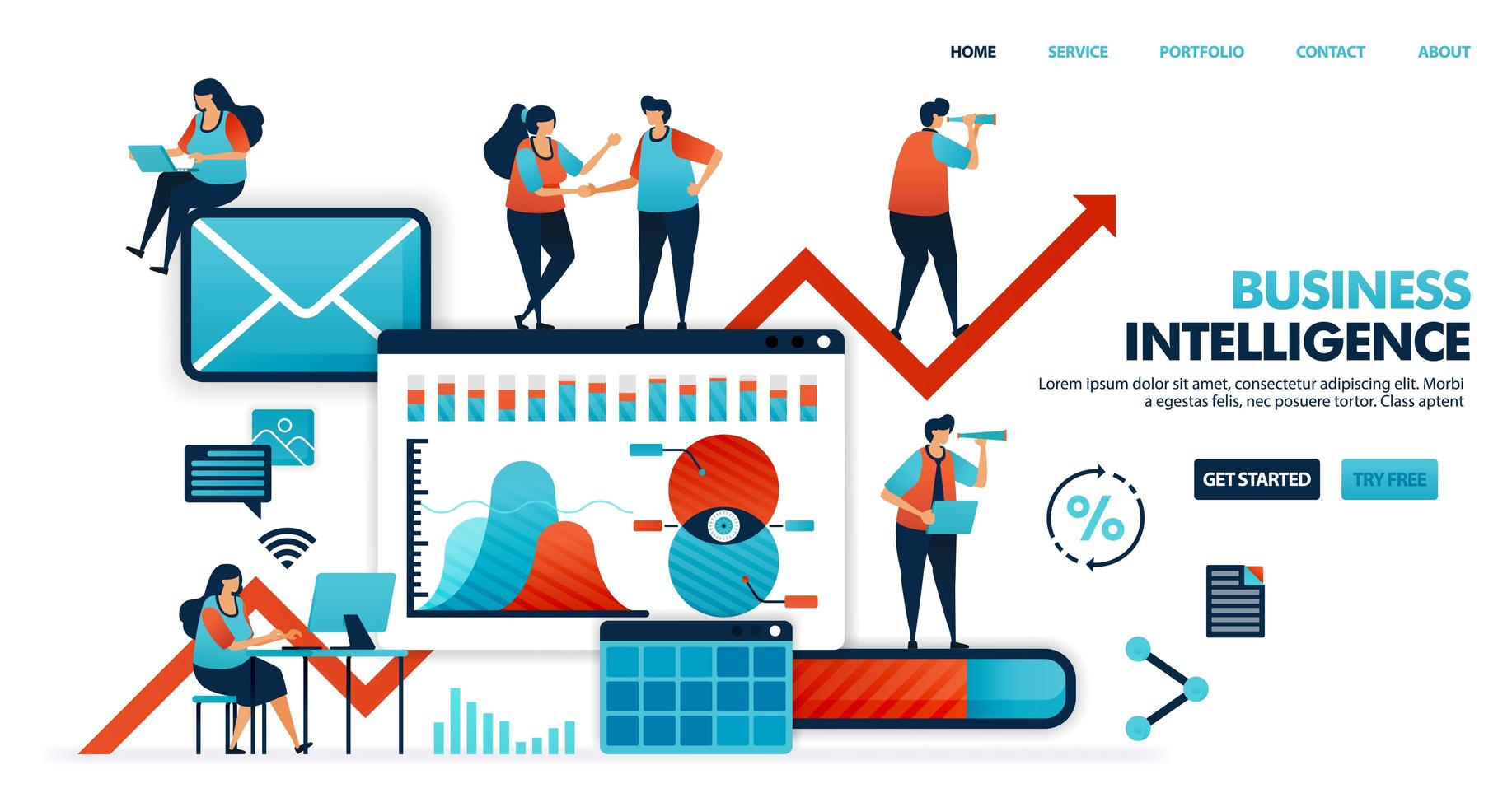 business intelligence o bi per analizzare il bisogno, desiderio abitudine del consumatore nell'utilizzo del prodotto per il business intelligente. azienda 4.0 nel futuro piano aziendale. illustrazione umana per sito Web, app mobile, poster vettore