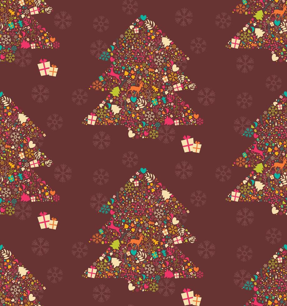 seamless con albero di Natale ornamentale con renne, scatole regalo e fiocchi di neve vettore