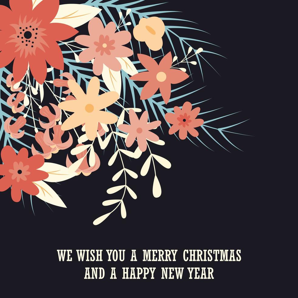 tipografia merry christmas card con elementi decorativi floreali vettore