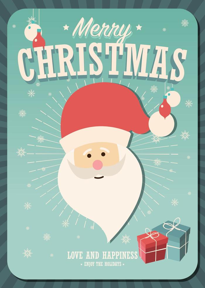 Merry Christmas Card con Babbo Natale e confezioni regalo su sfondo invernale vettore