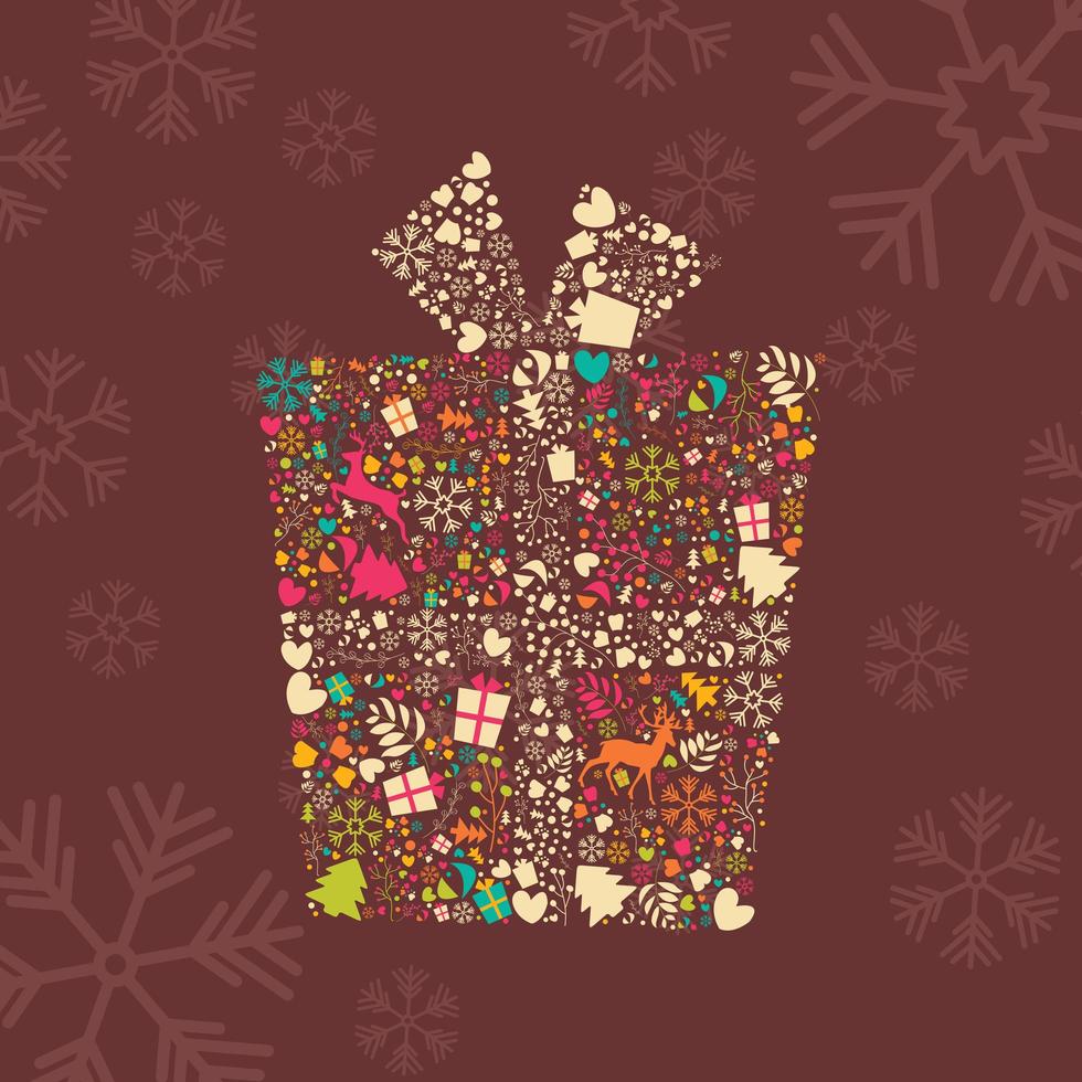 confezione regalo di Natale ornamentale con renne, fiocchi di neve e fiori vettore