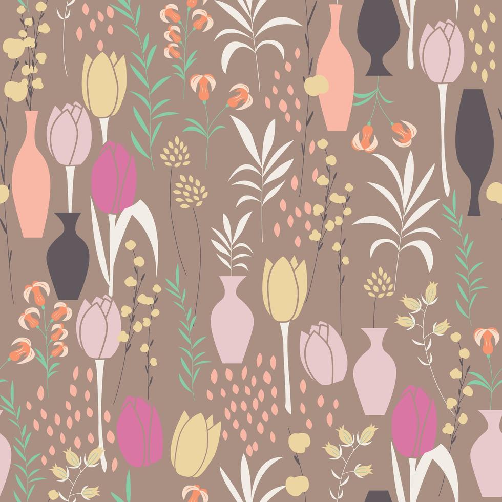 Vector seamless con elementi floreali, fiori primaverili, tulipani, gigli e vasi