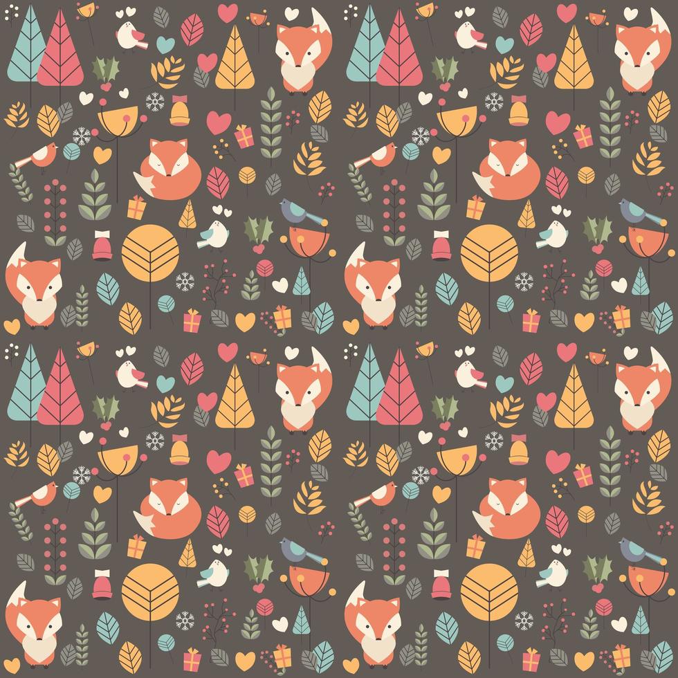 Seamless pattern con cute baby fox natale circondato da decorazioni floreali vettore
