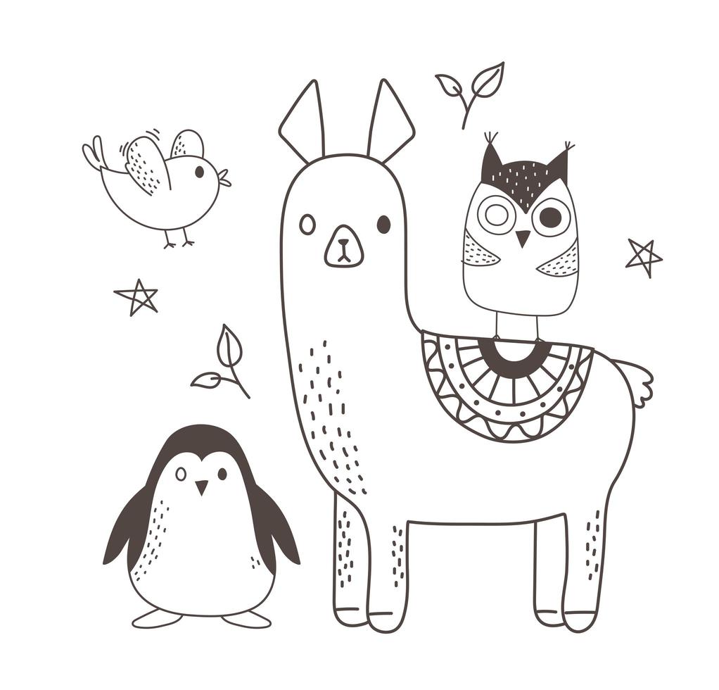 simpatici animali schizzo fauna selvatica cartone animato adorabile alpaca gufo pinguino e uccello vettore