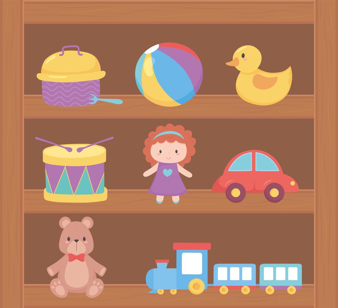 oggetto giocattoli per bambini piccoli per giocare a cartoni animati su mensola in legno vettore