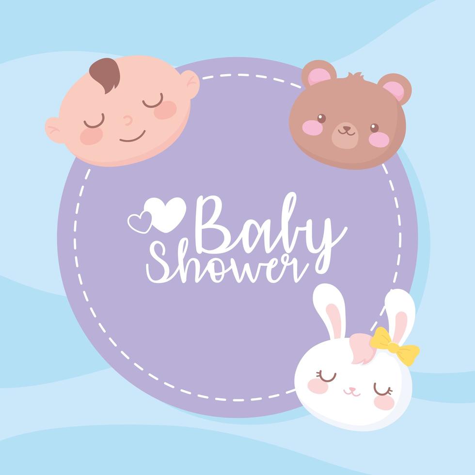 baby shower, adorabile ragazzo orso coniglio volti benvenuto etichetta celebrazione neonato vettore