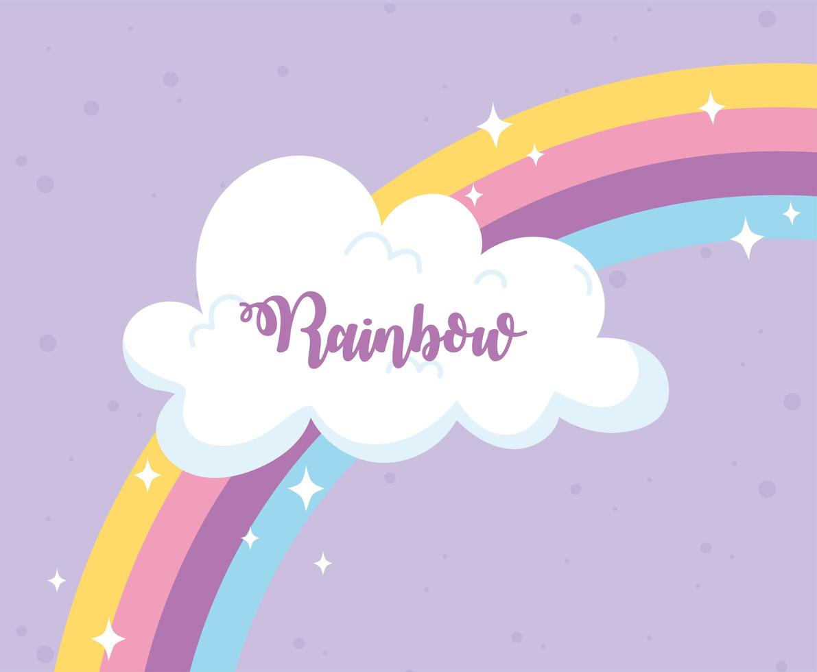 arcobaleno con decorazione a nuvola disegno a mano lettering cartone animato vettore