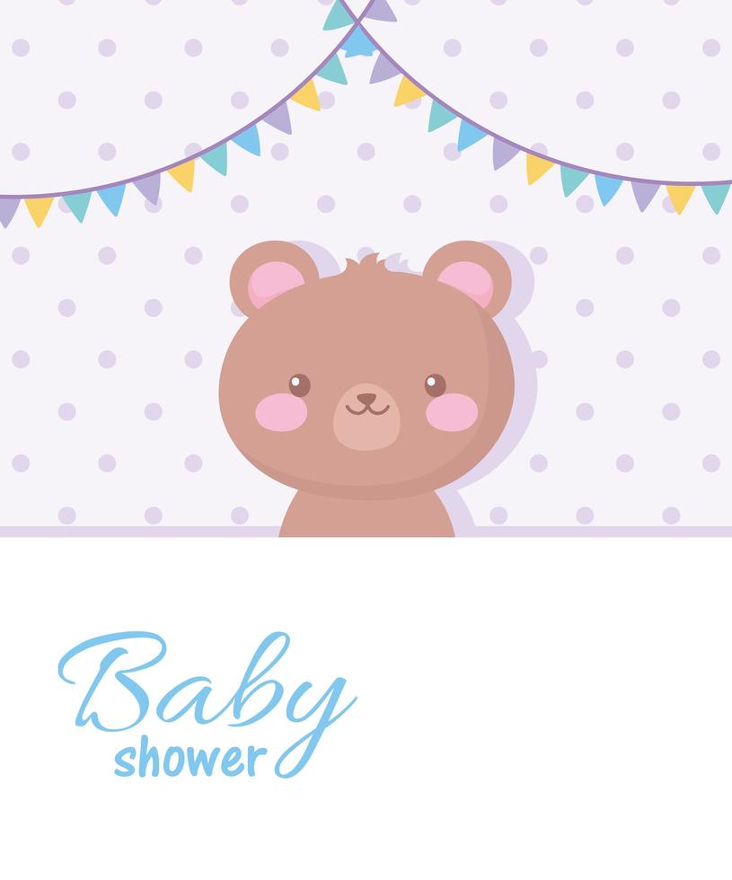 baby shower, decorazione di gagliardetti di orsacchiotto carino, biglietto di auguri per neonati di benvenuto vettore