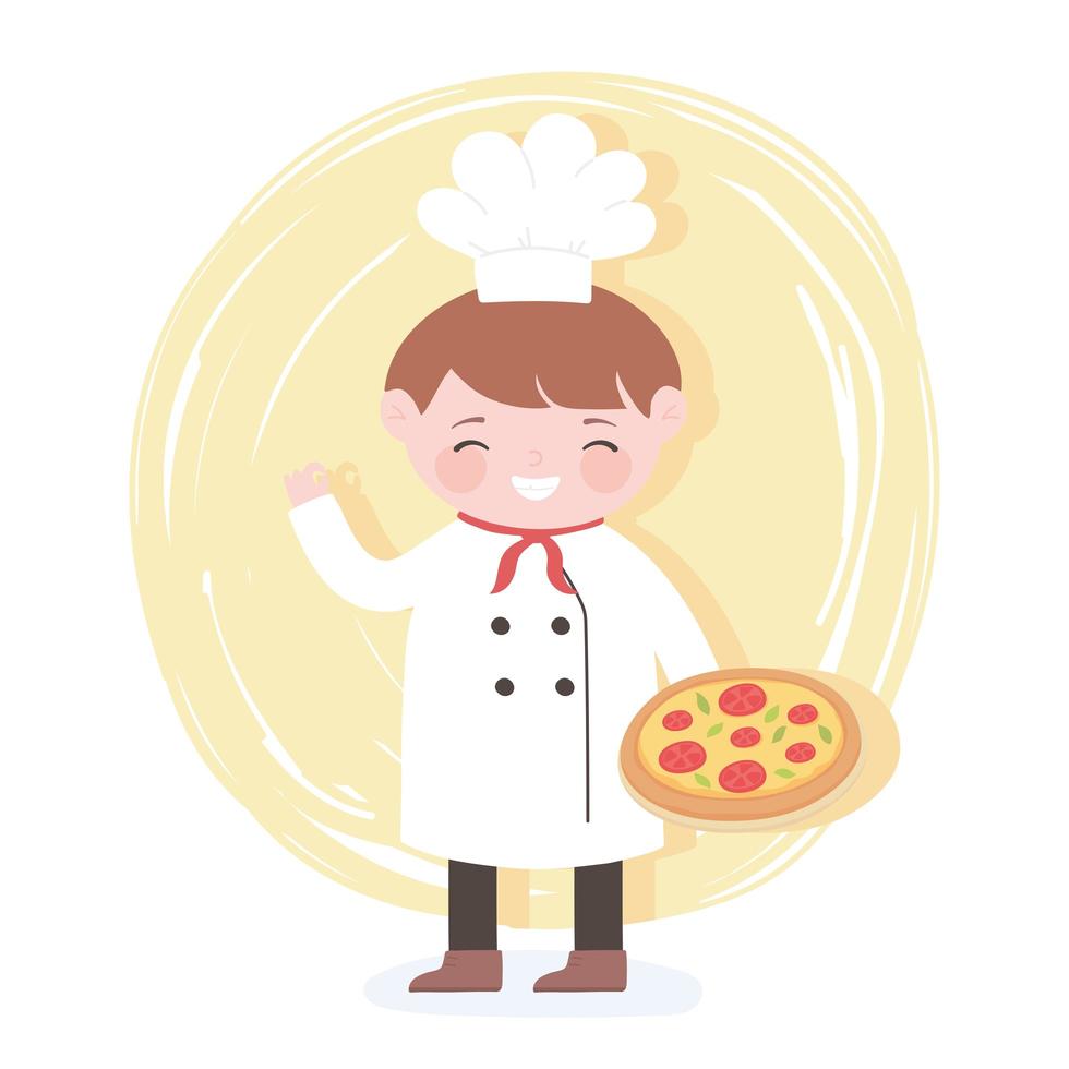 personaggio dei cartoni animati di chef tenendo la pizza in mano vettore