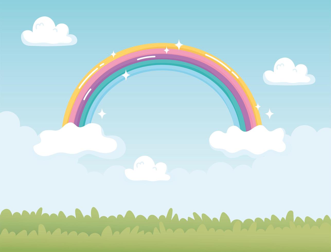 fantasia paesaggio natura arcobaleno con nuvole cartoon vettore