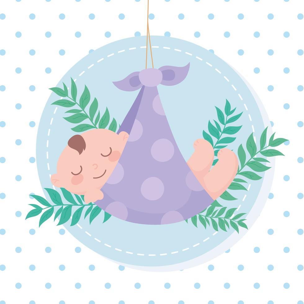 baby shower, coperta punteggiata con ragazzino con decorazioni di foglie, biglietto di auguri neonato vettore