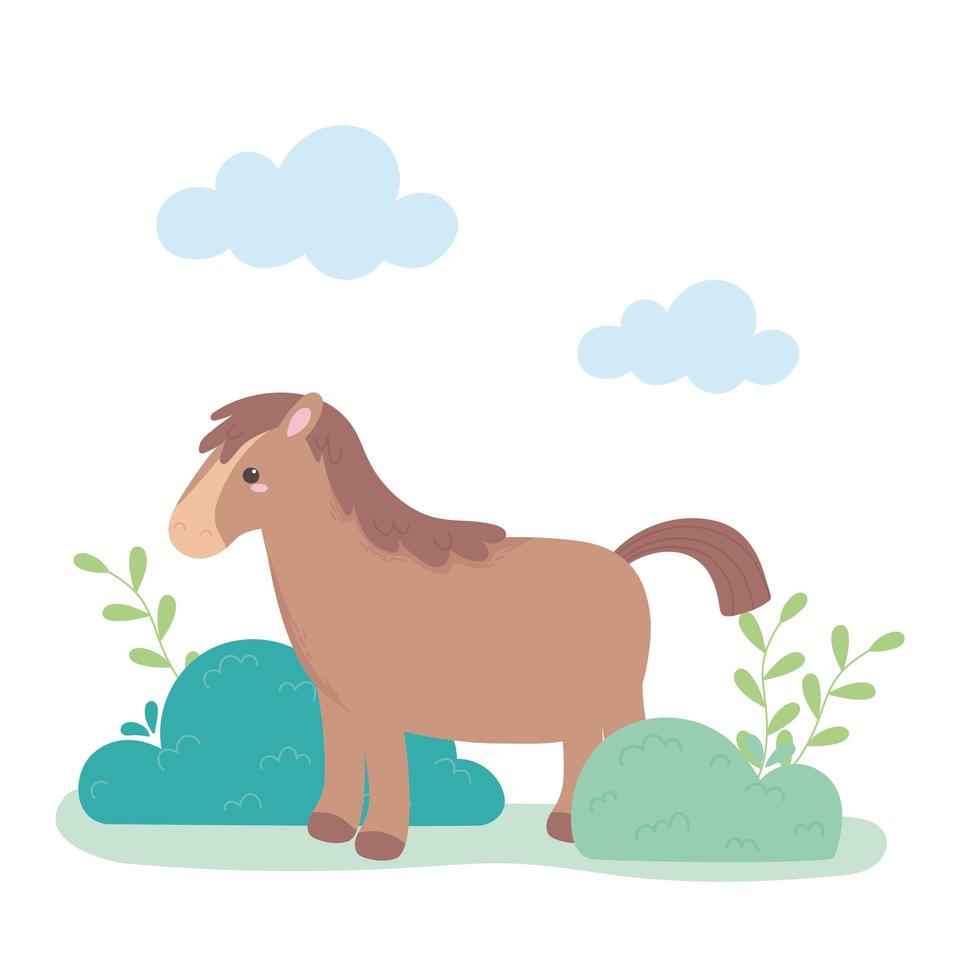 cartone animato cavallo animale in piedi erba cespuglio in un paesaggio naturale vettore
