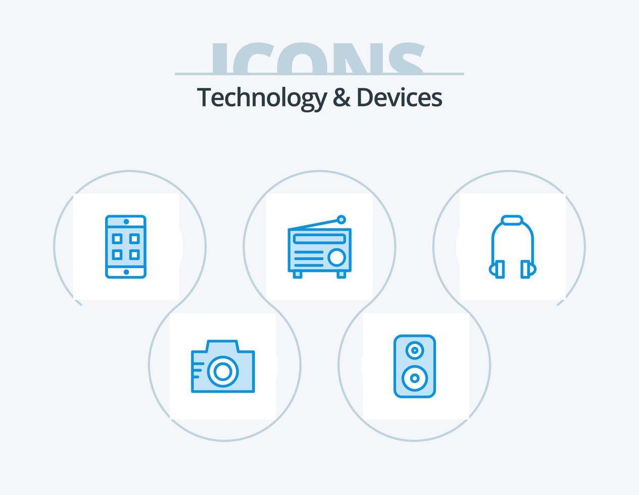 dispositivi blu icona imballare 5 icona design. musica. auricolare. cellula. cuffia. Audio vettore