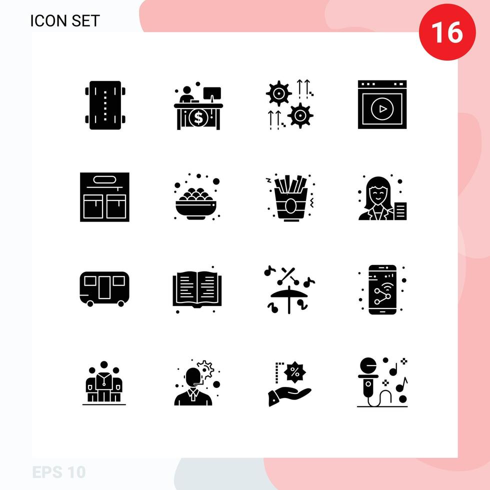 16 solido glifo concetto per siti web mobile e applicazioni ragnatela ui cassiere giocare ruota modificabile vettore design elementi