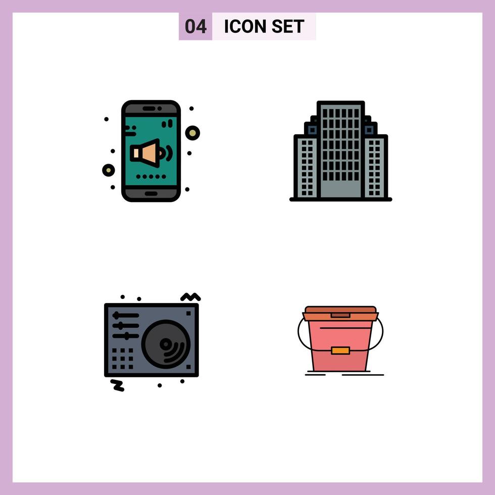 universale icona simboli gruppo di 4 moderno riga piena piatto colori di App Audio volume edificio giocatore modificabile vettore design elementi