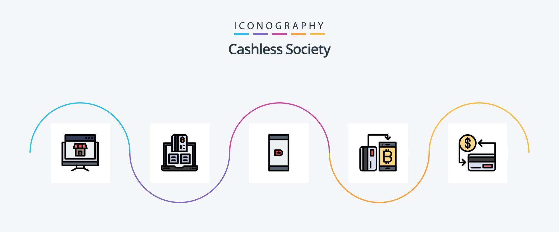 senza soldi società linea pieno piatto 5 icona imballare Compreso i soldi. moneta. taccuino. senza soldi. smartphone vettore