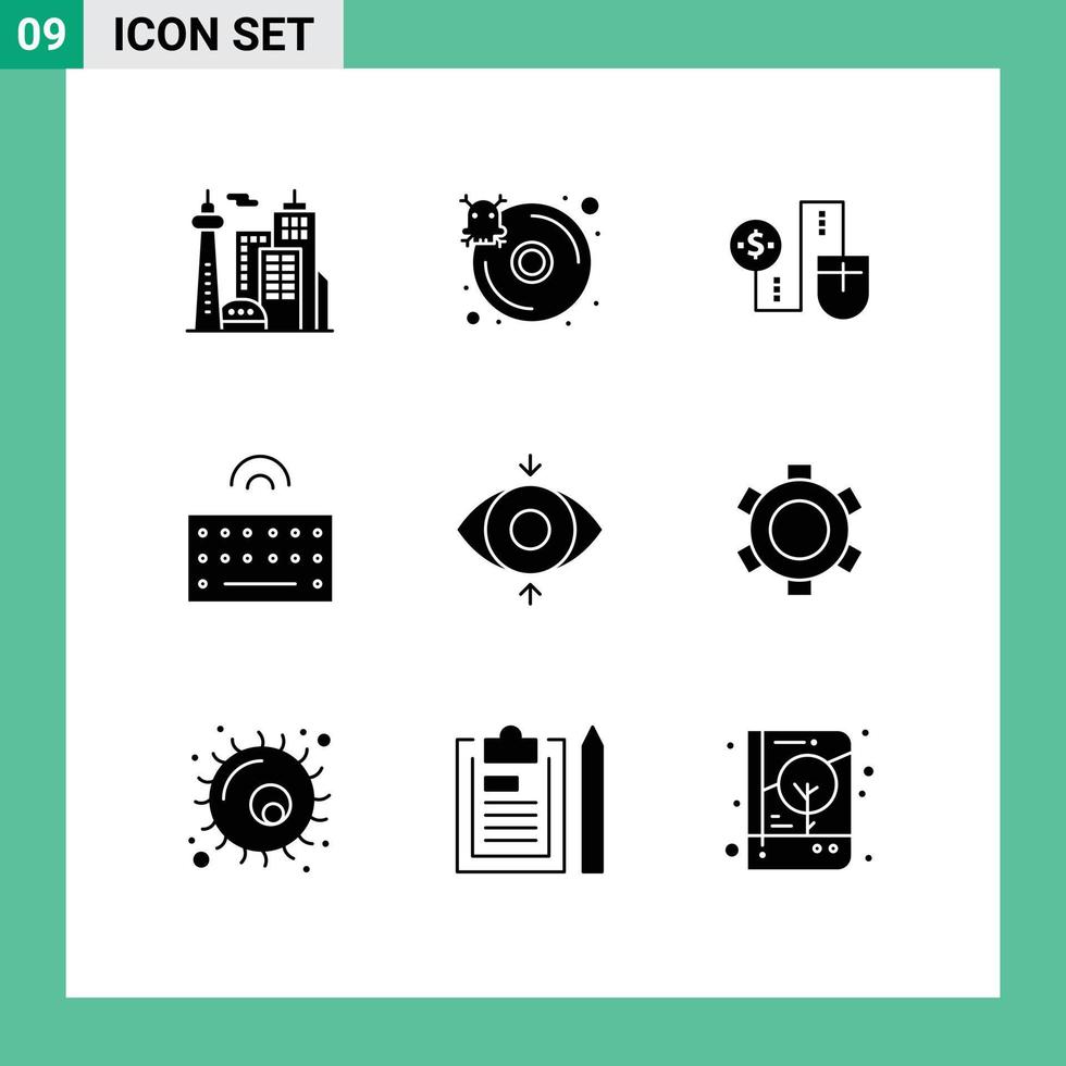 mobile interfaccia solido glifo impostato di 9 pittogrammi di occhio genere topo tastiera connessione modificabile vettore design elementi