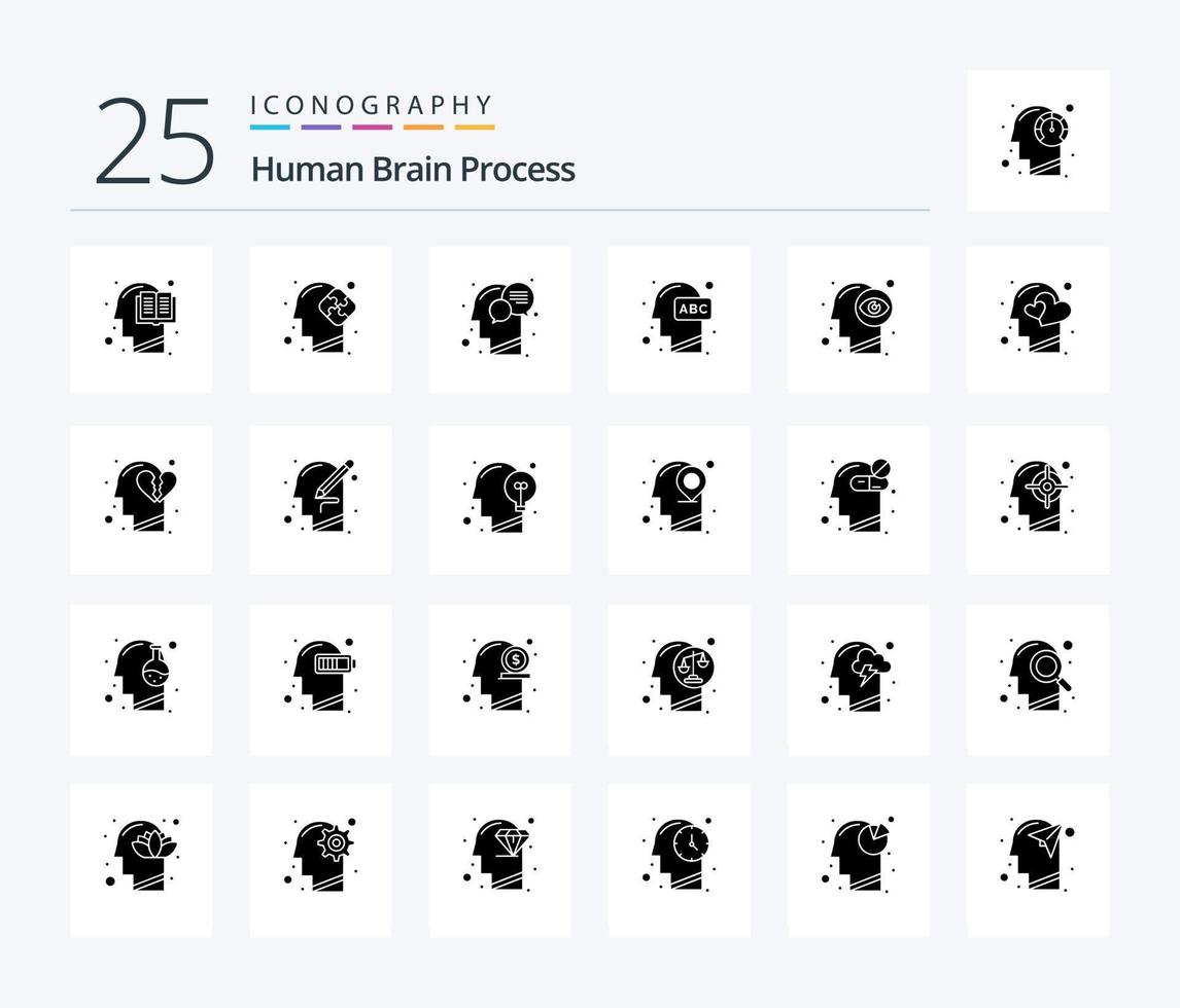 umano cervello processi 25 solido glifo icona imballare Compreso conoscenza. testa. puzzle. formazione scolastica. mente vettore