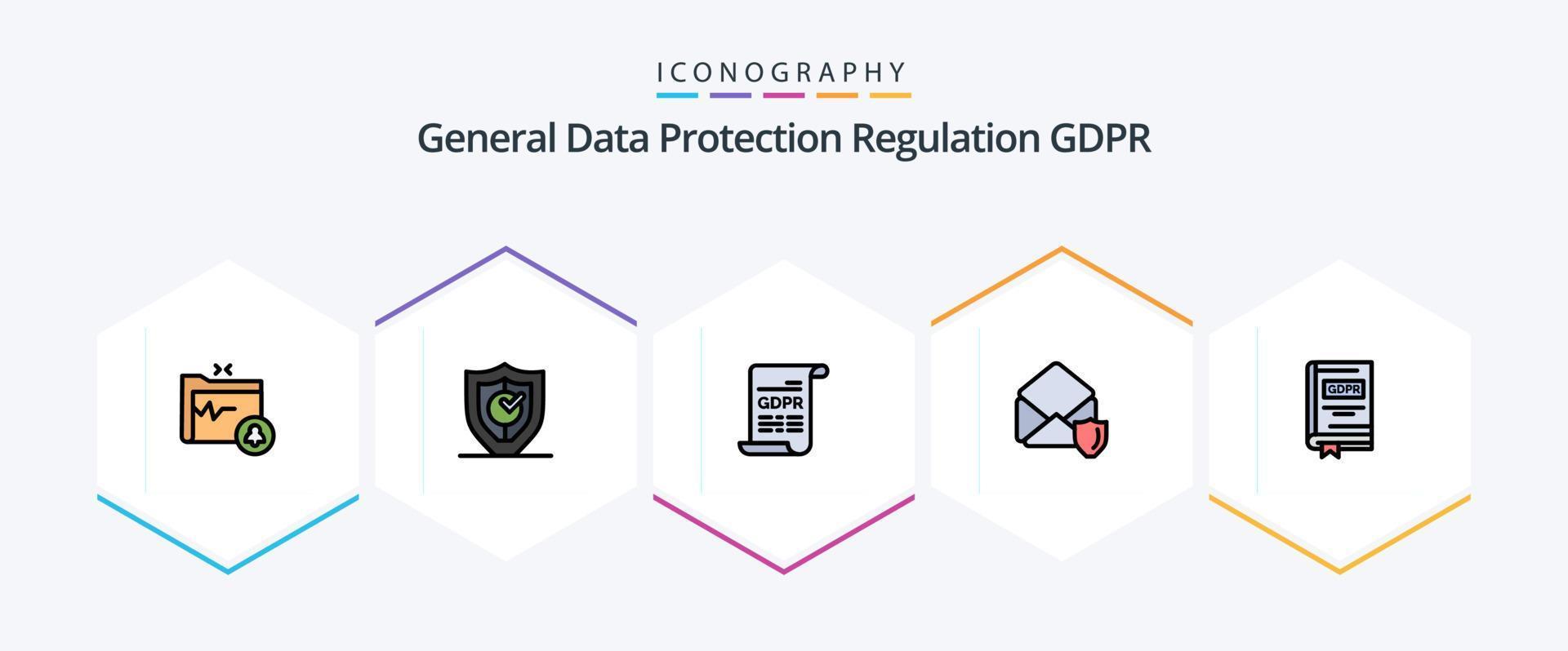 GDPR 25 riga piena icona imballare Compreso libro. aprire. sicurezza. posta. generale dati protezione vettore