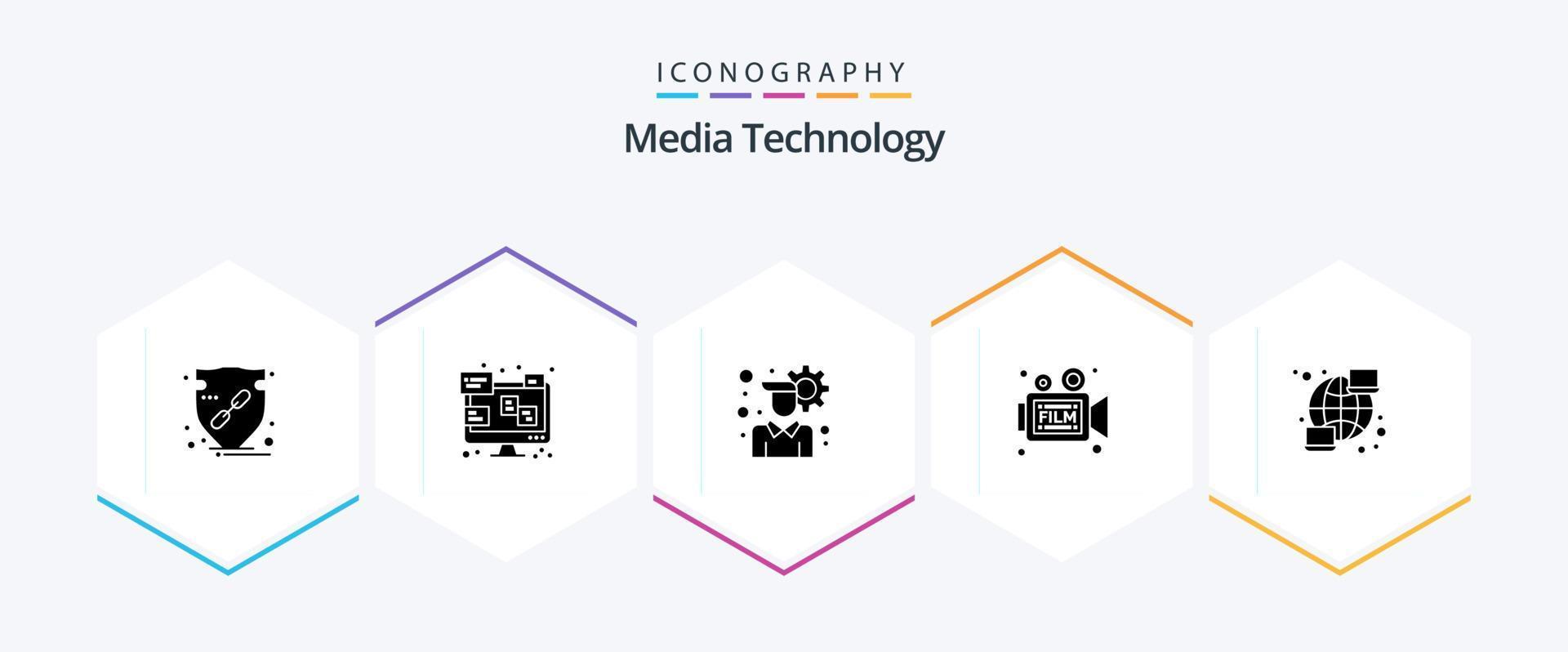 media tecnologia 25 glifo icona imballare Compreso globale. retrò. tenere sotto controllo. video. telecamera vettore