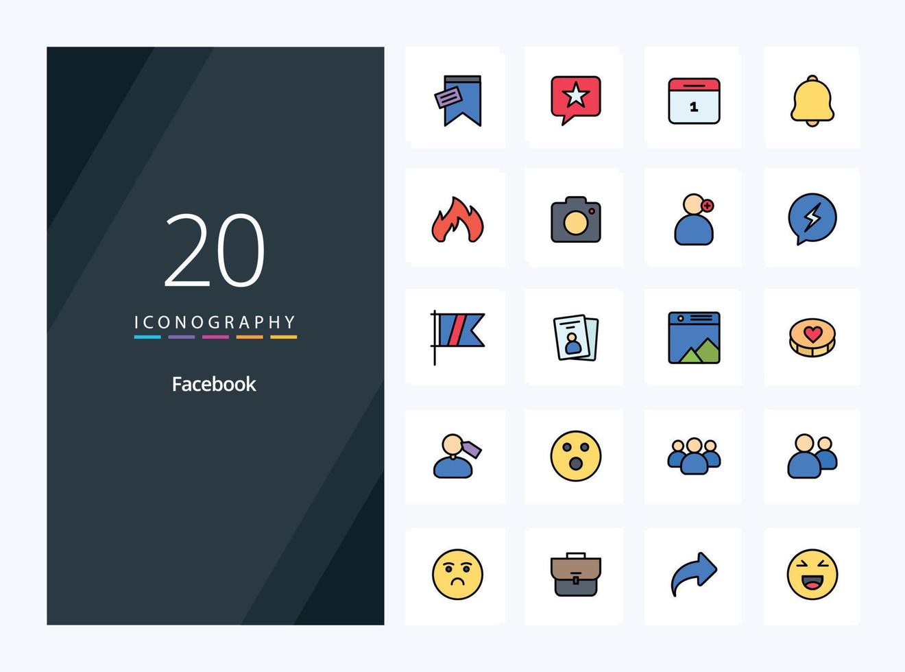 20 Facebook linea pieno icona per presentazione vettore