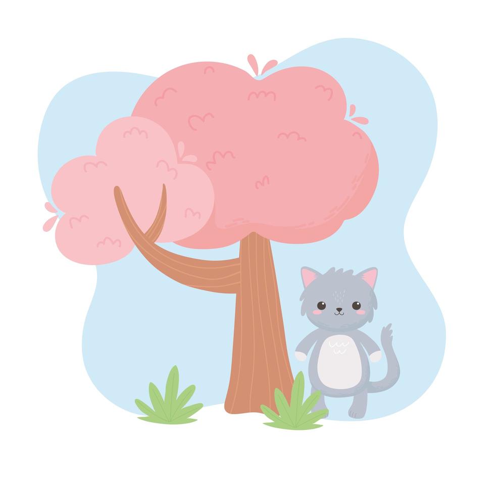 simpatico albero gatto grigio cespuglio animali dei cartoni animati in un paesaggio naturale vettore