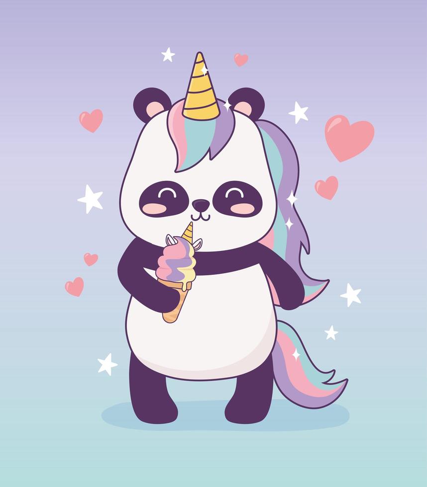 panda con unicorno gelato personaggio dei cartoni animati fantasia magica vettore