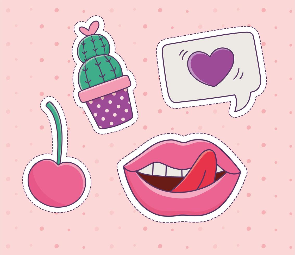 cactus ciliegia labbra amore patch moda badge adesivo decorazione icona vettore