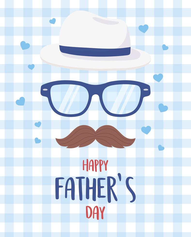 felice giorno di padri, baffi occhiali cappello cuori sfondo blu vettore