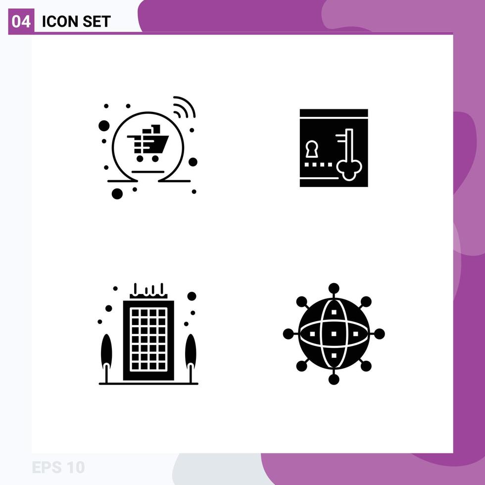 pittogramma impostato di 4 semplice solido glifi di cestino attività commerciale shopping serratura destinazione modificabile vettore design elementi