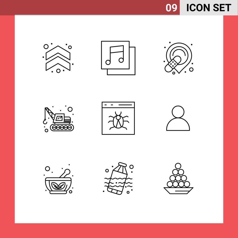 impostato di 9 commerciale lineamenti imballare per sviluppare del browser gruppo musicale App macchinari modificabile vettore design elementi
