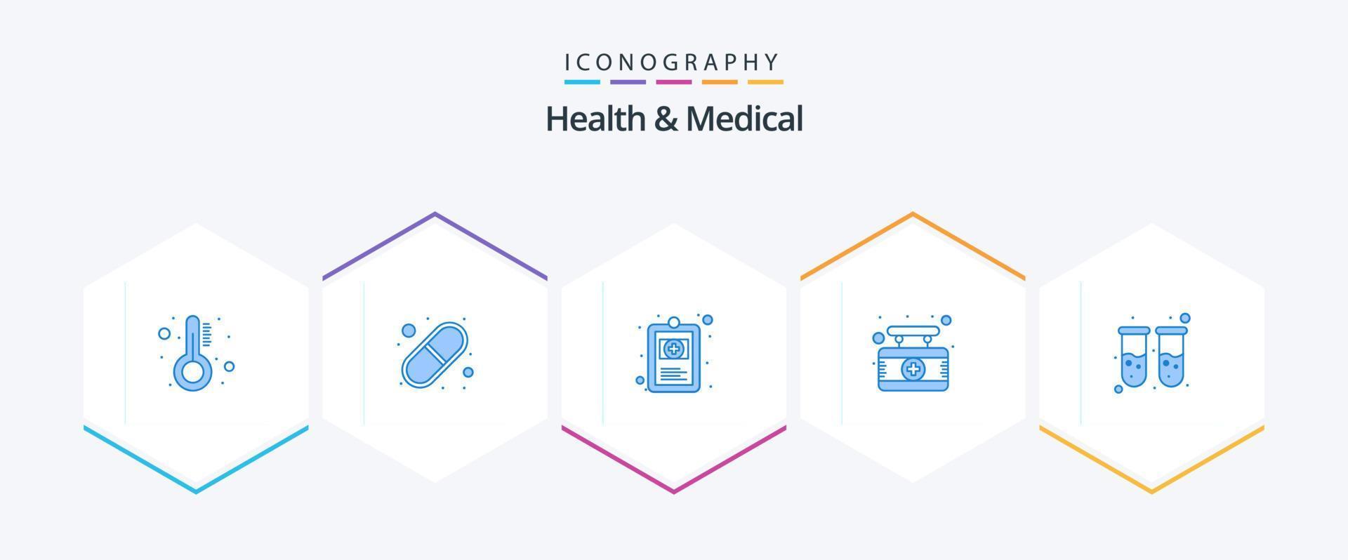 Salute e medico 25 blu icona imballare Compreso sangue test. cartello. clinico disco. medico. tavola vettore