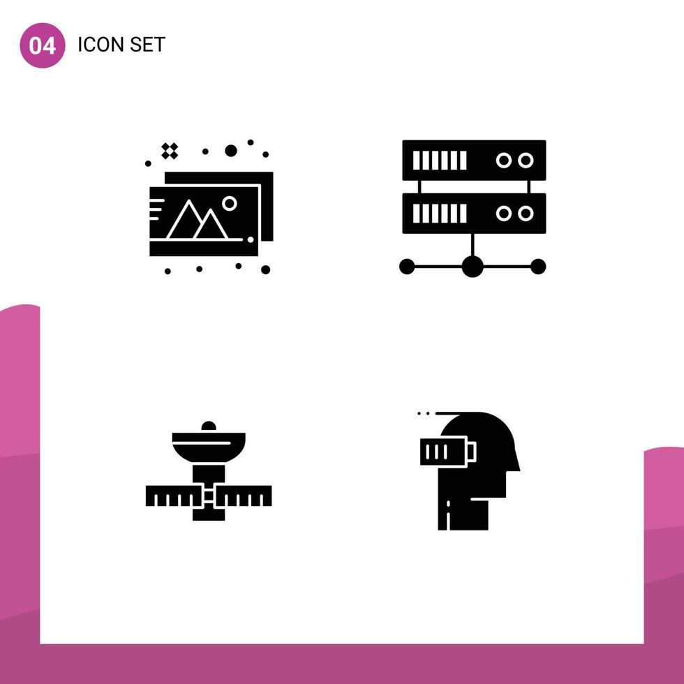 pittogramma impostato di 4 semplice solido glifi di design satellitare dati centro GPS batteria modificabile vettore design elementi