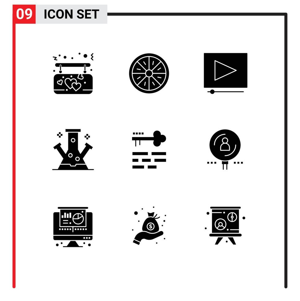 gruppo di 9 solido glifi segni e simboli per chiave scienza fetta molecola chimica modificabile vettore design elementi