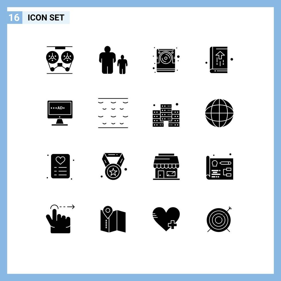 mobile interfaccia solido glifo impostato di 16 pittogrammi di taccuino attività commerciale genitoriale controllo libro elettronico modificabile vettore design elementi